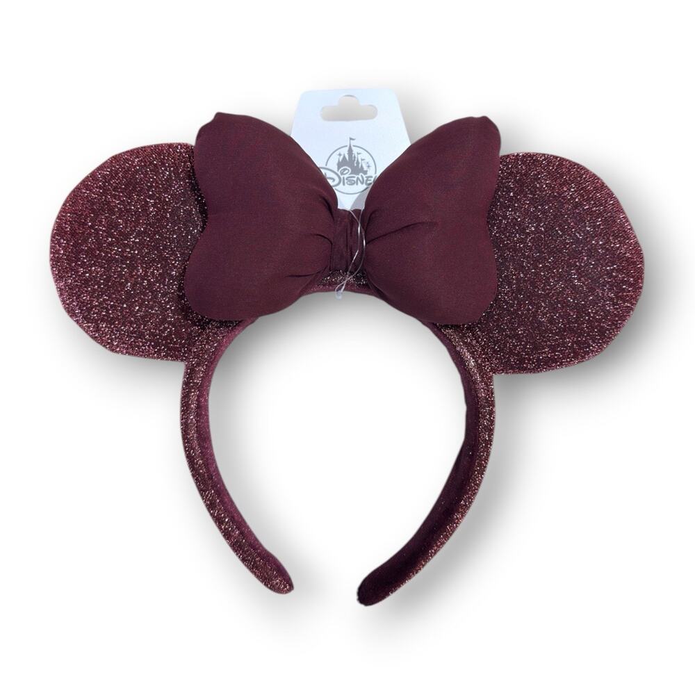Disney Parks 2026 Burgundy Sparkly Mickey Minnie Bow Ear Headband New